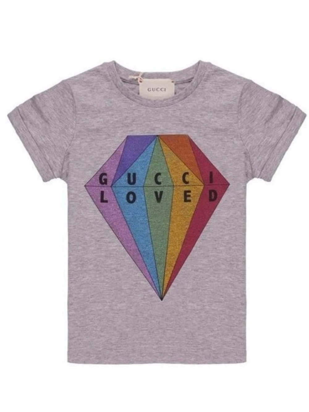 Gucci Kids Gray Tee with Multicolor Rainbow Diamond Logo